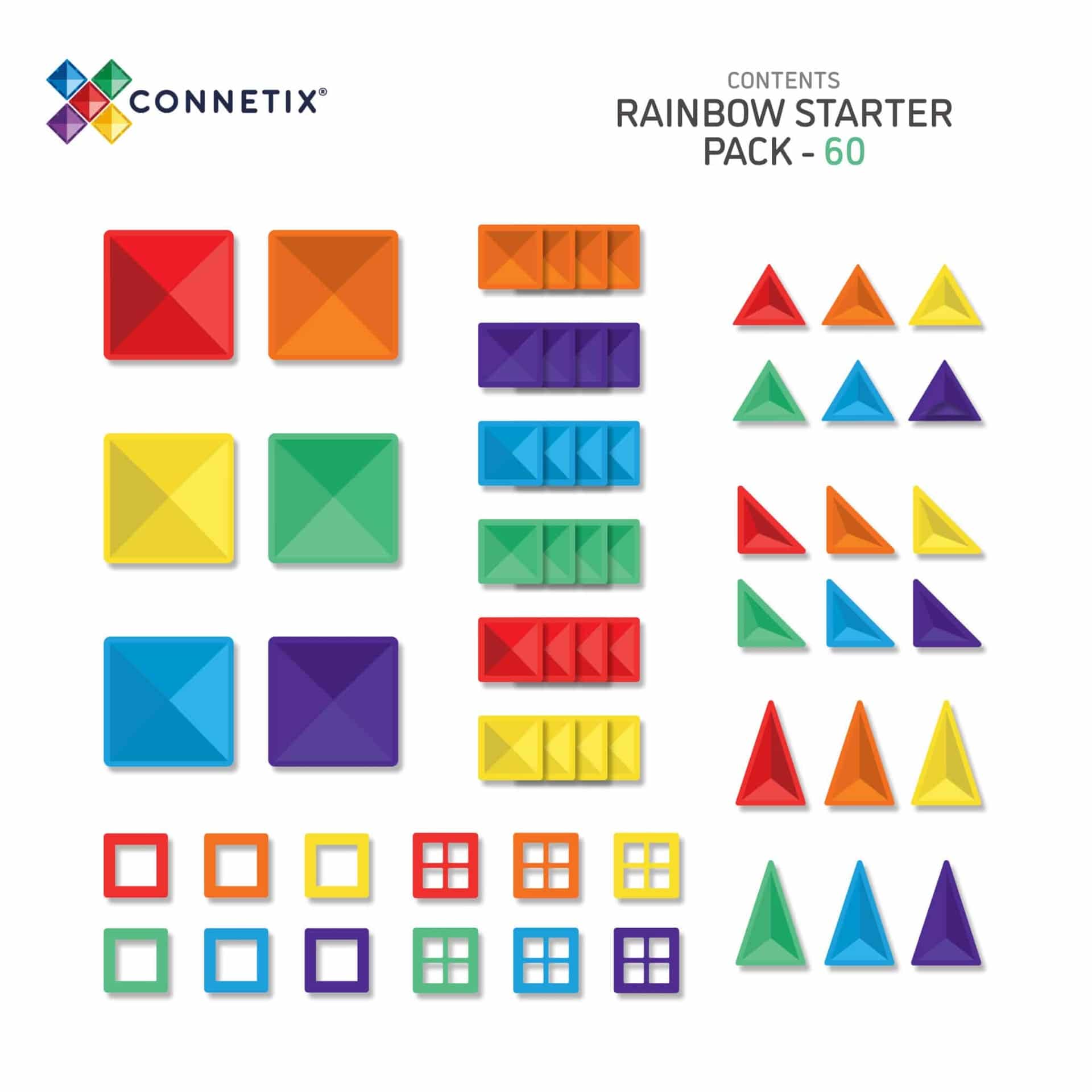 Prezentare generală a tuturor pieselor setului Connetix Rainbow Starter Pack 60