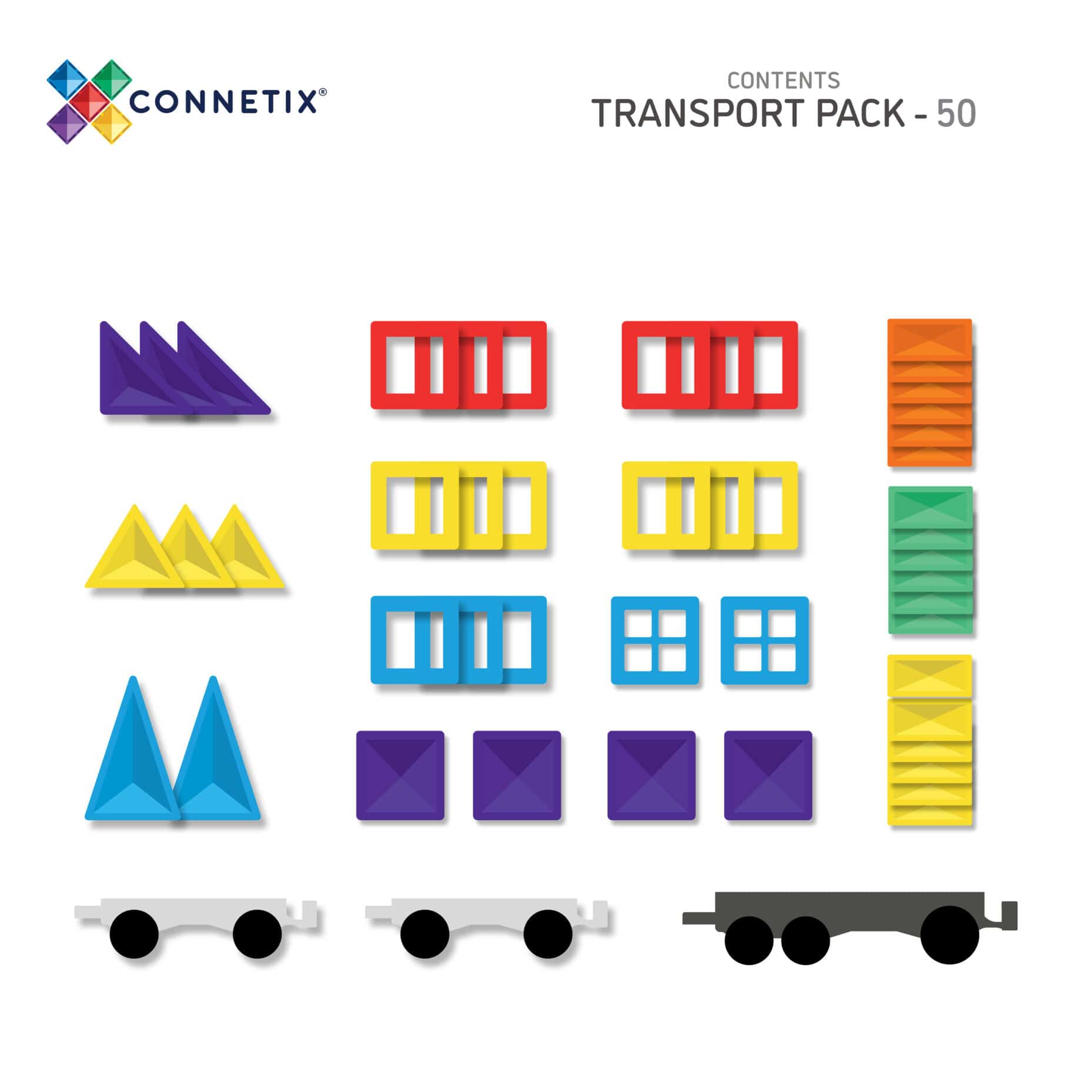 Prezentare a tuturor pieselor din setul Connetix Transport Pack 50