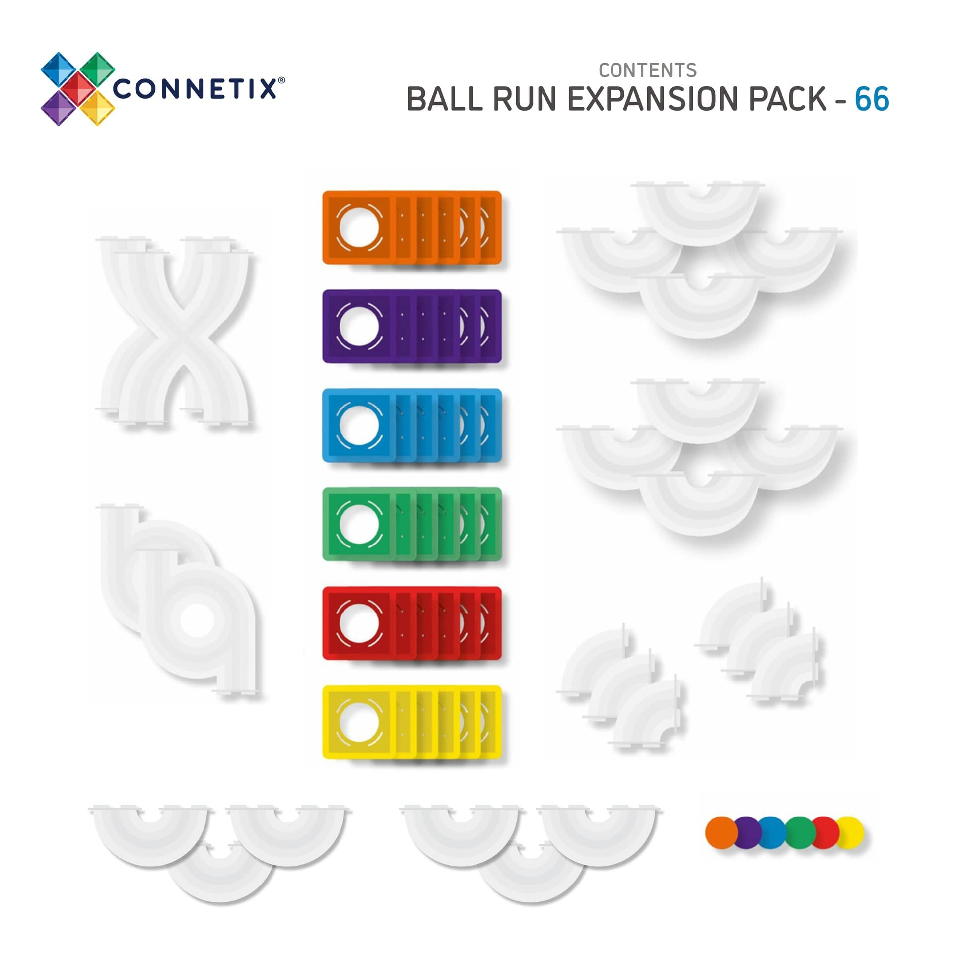 Prehľad všetkých dielov sady Connetix Rainbow Ball Run Expansion 66