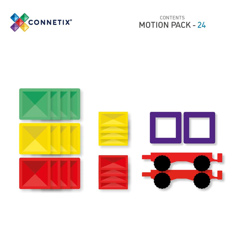 Prezentare a tuturor pieselor din setul Connetix Motion Pack 24