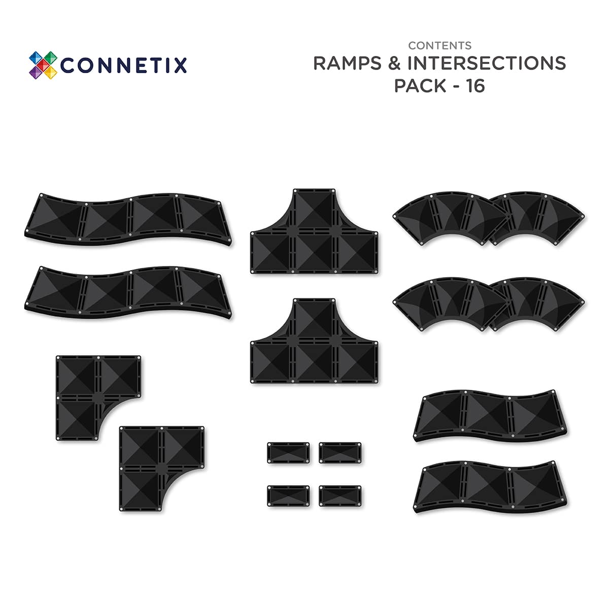 Prehľad všetkých dielov sady Connetix Ramps & Intersections 16