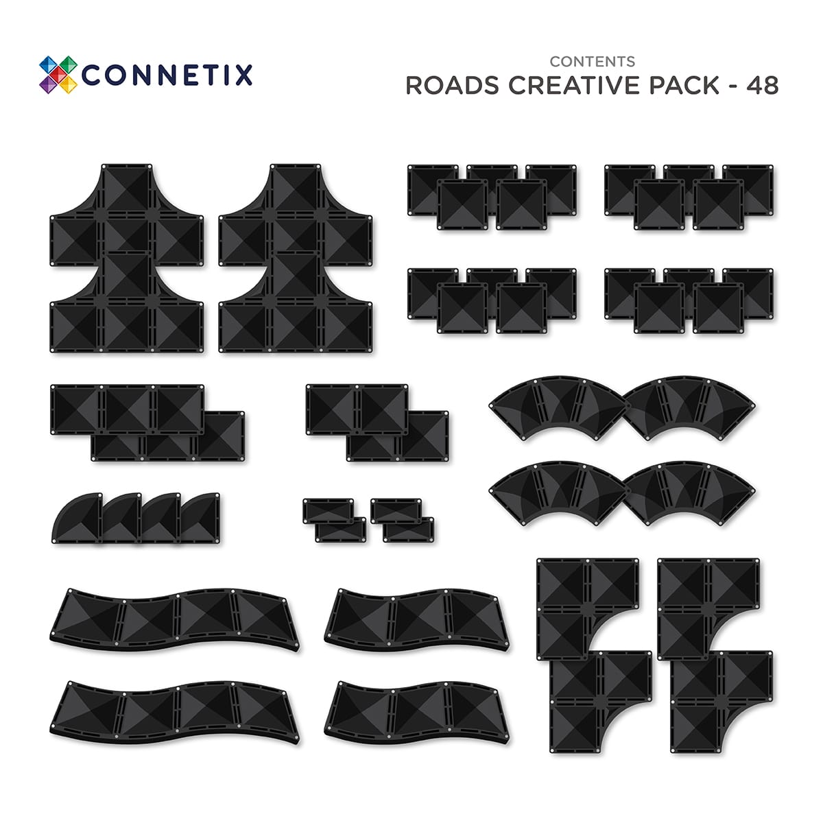 Prehľad všetkých dielov sady Connetix Creative Roads Pack 48