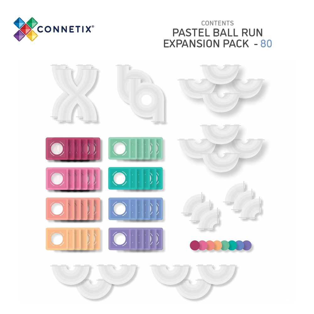 Prezentare a tuturor pieselor din setul Connetix Pastel Ball Run Expansion 80