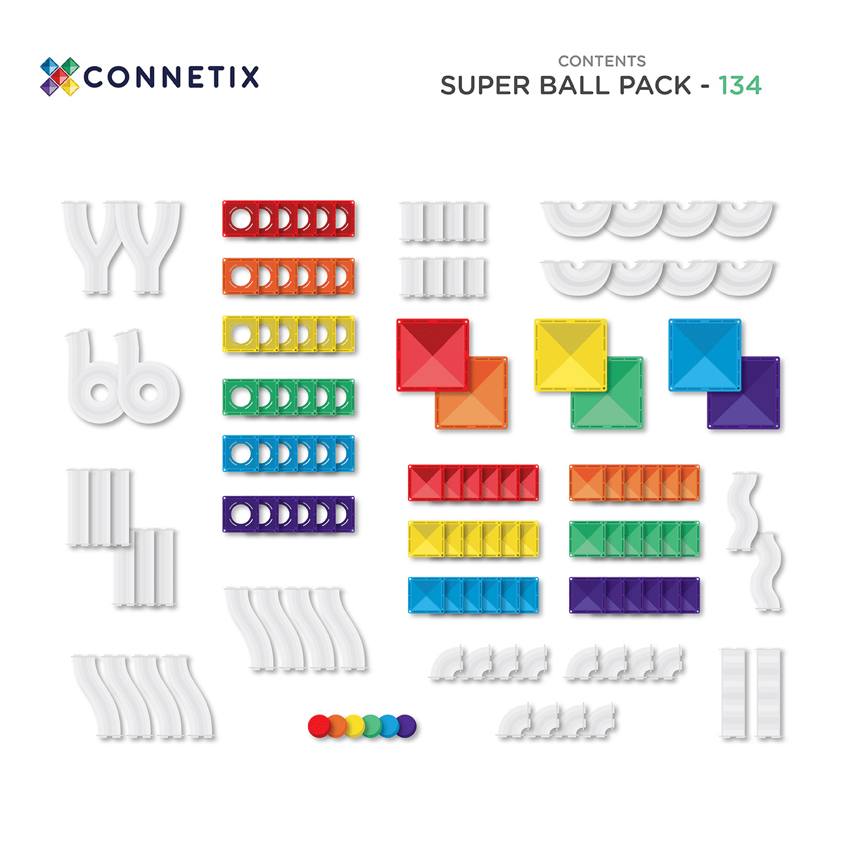 Prezentare a tuturor pieselor setului Connetix Super Ball Run 134