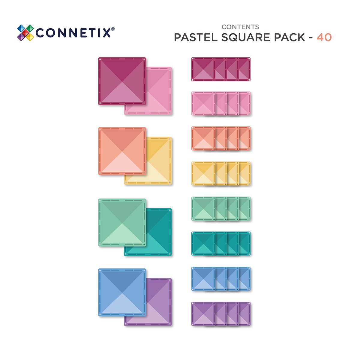Prezentare generală a tuturor pieselor din setul Connetix Pastel Square Pack 40