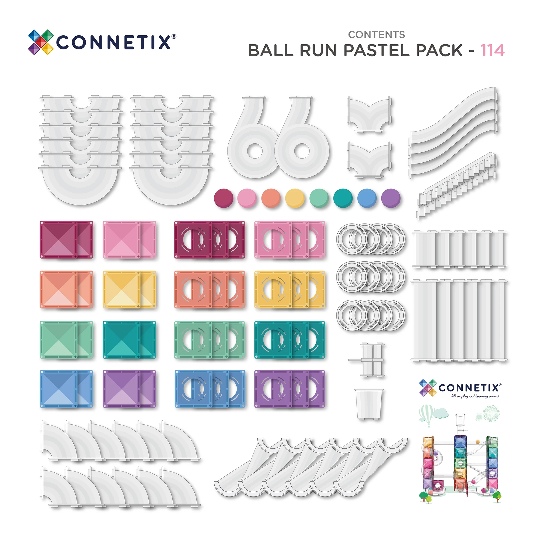 Prezentare a tuturor pieselor setului Connetix Ball Run Pastel 114